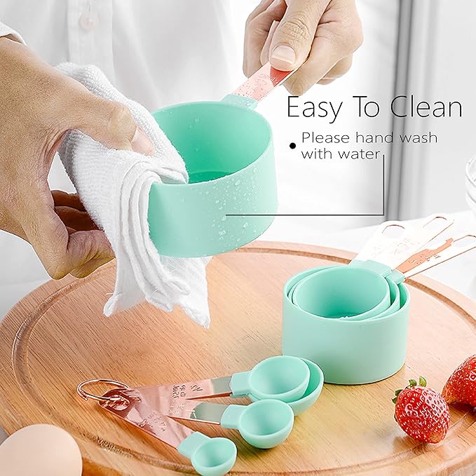 Rose Gold Stainless Steel Handle Measuring Cups and Spoons Set, 8 Piece Stackable Accurate Tablespoon for Measuring Dry and Liquid Ingredients Small Teaspoon with Plastic Head (Green)