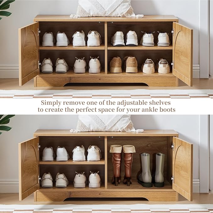 BERRYMERRY 39.4" Fluted Shoe Storage Bench for Entryway,2 Tier Shoe Cabinet Bench with Adjustable Shelf,Bench for Bedroom End of Bed (Natural, 13.8”D x 39.4”W x 18.5”H)