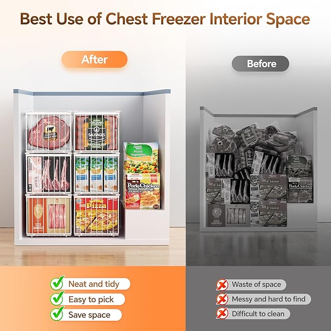 Freezer Organizer Bins, Enlarged Stackable Deep Chest Freezer Organizer Bins, Foldable Baskets with Handles, Storage Container Baskets for 5 to 9 Cu.FT Deep Freezer Sort Frozen Meats (white 3 pack)