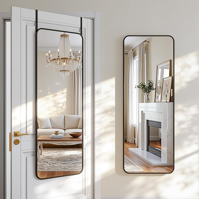 Antok 58''x 20'' Full Length Mirror Over Door, 4-in-1 Standing Leaning Wall Mounted, Adjustable Hanging Mirror for Bedroom Living Room, Black, Rounder Corner
