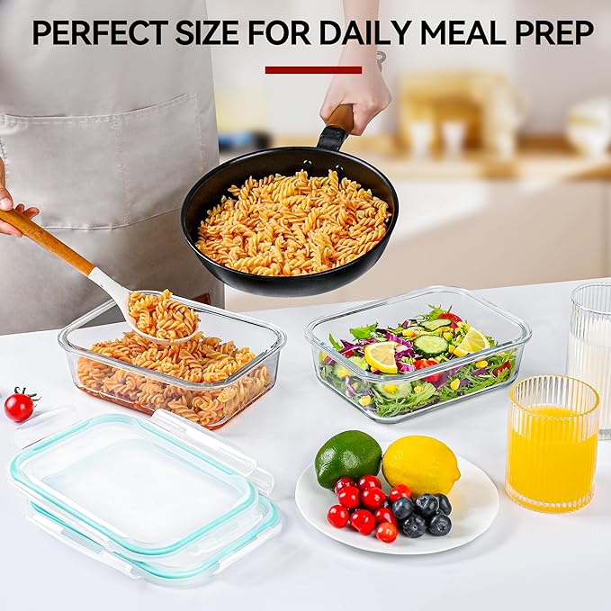 GEHE 2 Pack 52oz Large Glass Food Storage Containers with Lids, Meal Prep Container, Glass Storage Containers with Airtight Lids for Baking, Storing, Microwave/Freezer/Dishwasher Safe, BPA Free