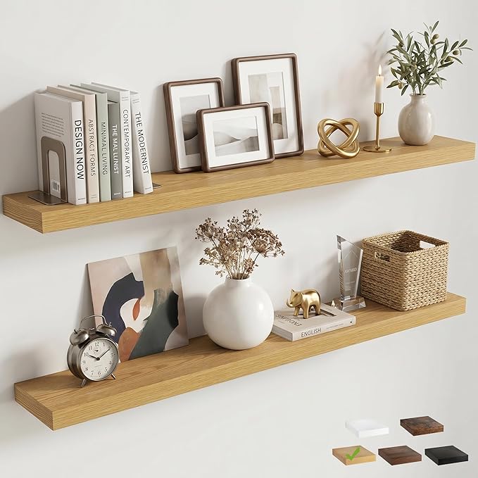 Venusmiles Floating Shelves for Wall, 48 Inch Floating Shelves Set of 2, 6.5" D Wooden Wall Mounted Display Shelves with Invisible Brackets for Living Room, Bedroom, Bathroom, Kitchen Decor, Oak