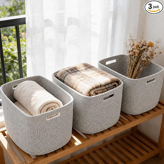 3 Pack Woven Rope Storage Baskets for Organizing,13.5"×11"×9.5"Storage Bins for Shelves,Perfect for Toys,Books,Towels,Clothes,Empty Gift Baskets for Nursery,Living Room&Bedroom(Mix Grey)