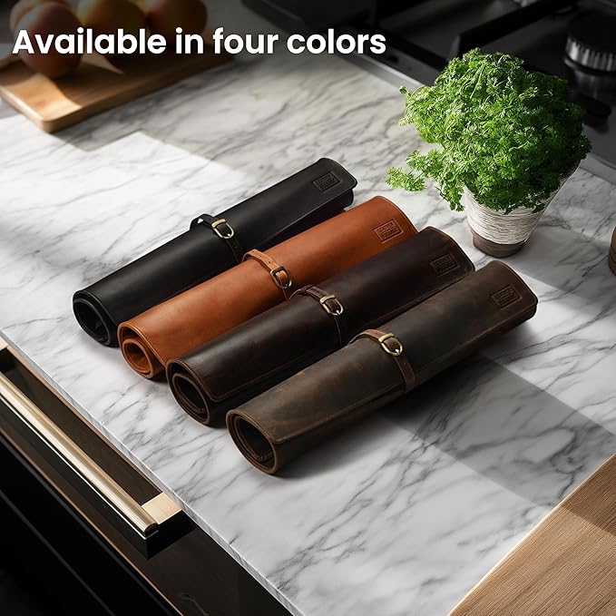 LEATHER VILLAGE Genuine Leather Knife Roll Bag – Professional Chef Carrying Case, Durable Sheath Holder, Cooks & Culinary Tools Organizer, Portable Travel Storage with 4 Slots & Zipper - Black