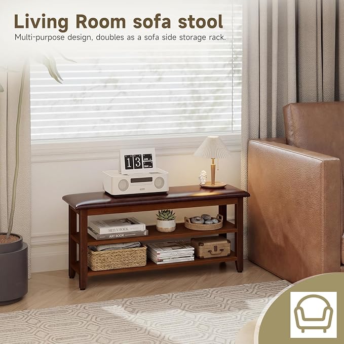 Shoe Bench with Leather Cushion,Wood Bench with Shoe Rack,2-Tier Shoe Storage Organizer for Entryway,Hallway,Living Room (2-Tier-39.4", Rubberwood)