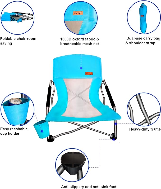 Nice C Low Beach Chair, Beach Chairs for Adults 2 Pack, Sling, Folding, Portable, Concert, Kids, Boat, River, Sand Chair, Sillas De Playa, with Cup Holder & Carry Bag (2 Pack of Blue)