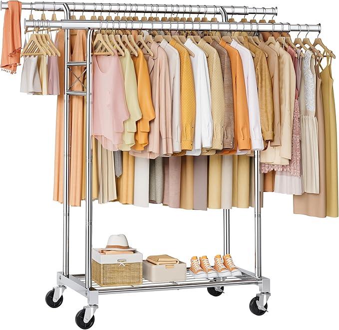 FAVOOSTY Clothes Rack for Hanging Clothes Double Rods, Rolling & Extending Clothing Rack with Wheels, Garment Coat Rack Freestanding, Portable Clothes Rack, Sliver