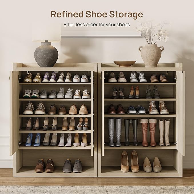 SICOTAS Shoe Cabinet Storage for Entryway - 24-Pair Shoe Cabinets with Doors and Adjustable Shelves, Farmhouse 33.9" Wide 7-Tier Shoes Storage Cabinet for Mudroom Closet Hallway, Grey White Oak