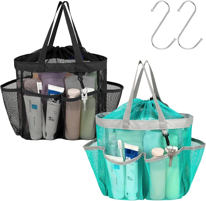 F-color Mesh Shower Caddy Portable with Drawstring - Large 8 Pockets Dorm Room Essentials for Guys Girls with S Hook, Shower Bag Basket Tote for College Camping Travel Bathroom, 2 Pack Black & Pink