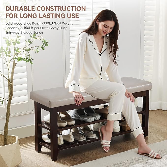 40" Shoe Bench with Leather Cushion, 2-Tier Shoe Rack Entryway Bench, Wood Bench for Front Door Entrance, Mudroom, Hallway, Wooden Shoe Shelves, Shoe Organizer, Shoe Storage, Grey