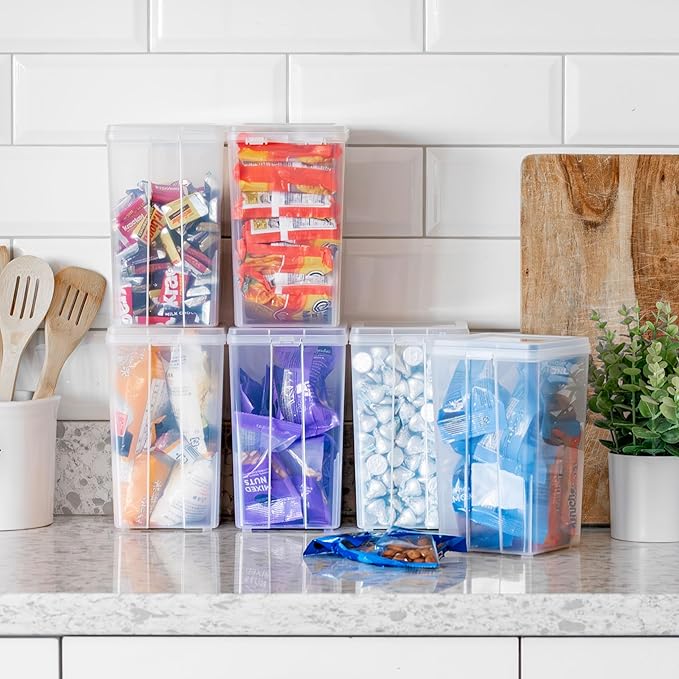 IRIS USA Vertical Plastic Flip Top Storage Containers Bins with Lids for Pantry, Home, Office, Organization, Medium, Stackable Hinged Organizer with Latches, Clear, 6 Pack