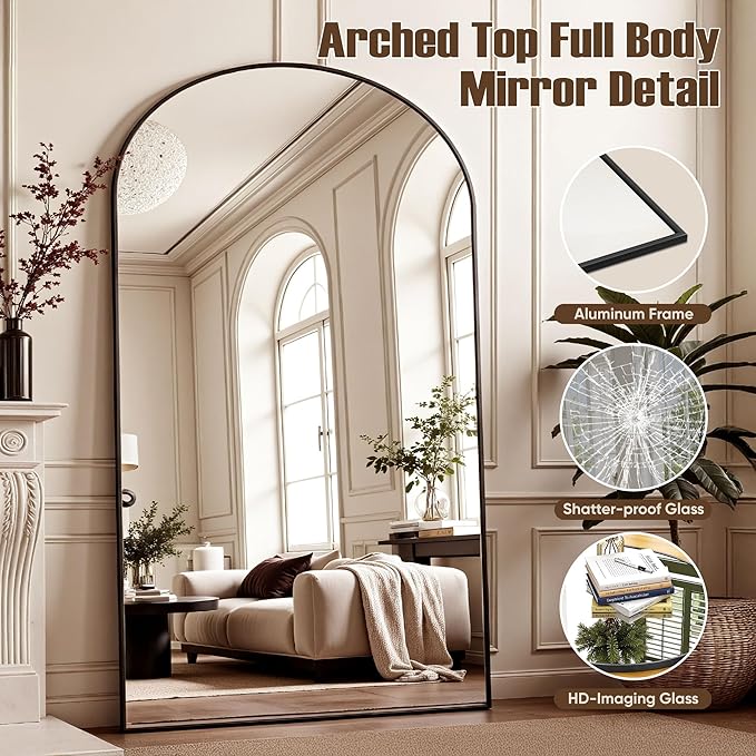 Full Length Mirror, 81"x41" Arched Full Body Mirror, Floor Mirrors with Stand, Body Mirrors Standing Hanging Leaning Against Wall,Aluminum Frame Mirrors for Bedroom Cloakroom,Living Room,Black