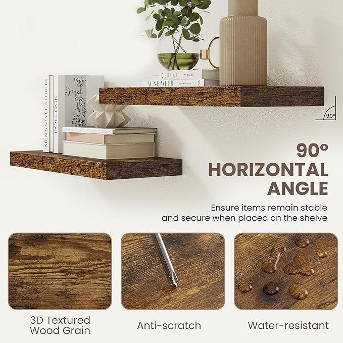 Floating Shelves for Wall,48 Inch Wall Mounted Rustic Wood Shelves,9.3" Deep Wall Shelf with Invisible Brackets,Deep Floating Shelf for Bathroom,Bedroom,Living Room,Book/Storage/Decor,Rustic Brown