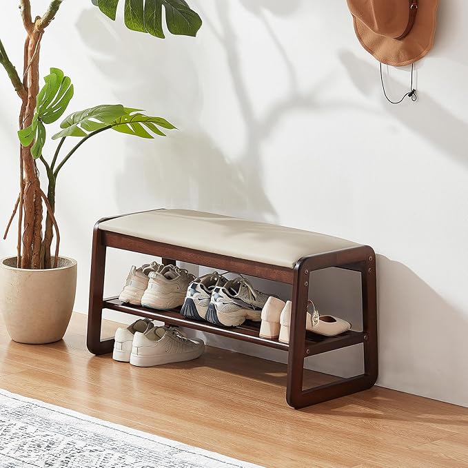 Achicsofar Shoe Rack Bench,2 Tier Wooden Entryway Bench with Shoe Storage, Shoe Rack with Cushion for Living Room, Hallway(Pu Beige, 31.5")