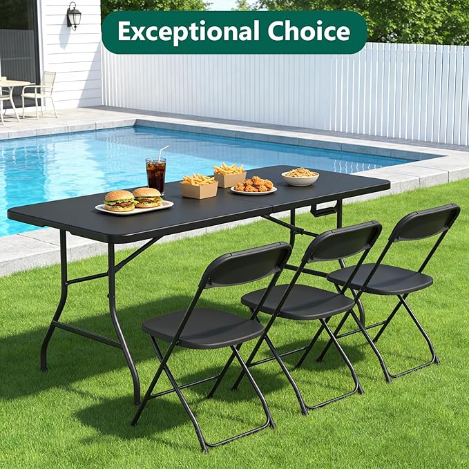 Folding Table 6FT Heavy Duty Plastic Table with Handle, Foldable&Portable, Fold-in-Half Utility Tables for Outdoor, Dining, Wedding, Events, Indoor, Picnic, Camping, Party, Black