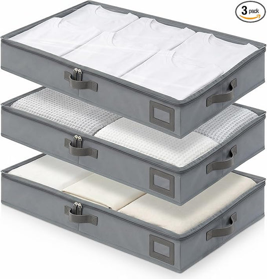 4-Inch Under Bed Storage Containers (3-Pack) | Sturdy Sidewalls | Clear Cover & Label Holder | Underbed Organizer for Crib/Couch | Stores Clothing/Blankets/Wrapping Paper/Toys