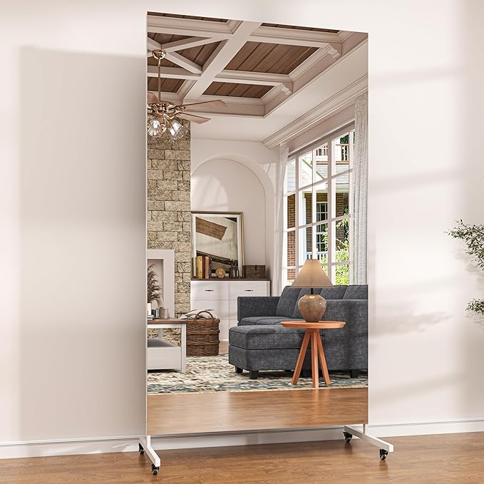 Hasipu Home Gym Mirror 360° Swivel on Wheels, 71" x 36" Extra Large Full Body Rolling Mirror for Yoga Studio, Bedroom, Dancing Studio, White