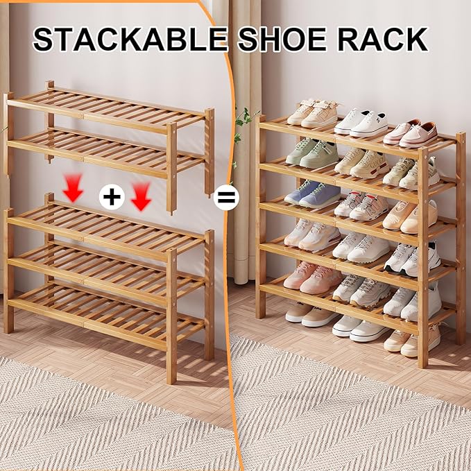Bamboo Shoe Rack Organizer for Closet and Entryway - Space-Saving Narrow Shoe Stand - Versatile Shoe Holder for Door or Closet Shelf, Bedroom can Freely Stack DIY Small Shoe Racks 3 Tier Bamboo color