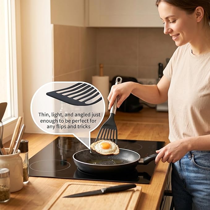 KSENDALO Thin Flexible Nylon Fish Spatula for Nonstick Cookware Fish Spatula Egg Flipper Hollow Steel Handle, LFGB Certified Nylon Thin Blade Sturdy Hollow Handle Dishwasher Safe- Silver/Black
