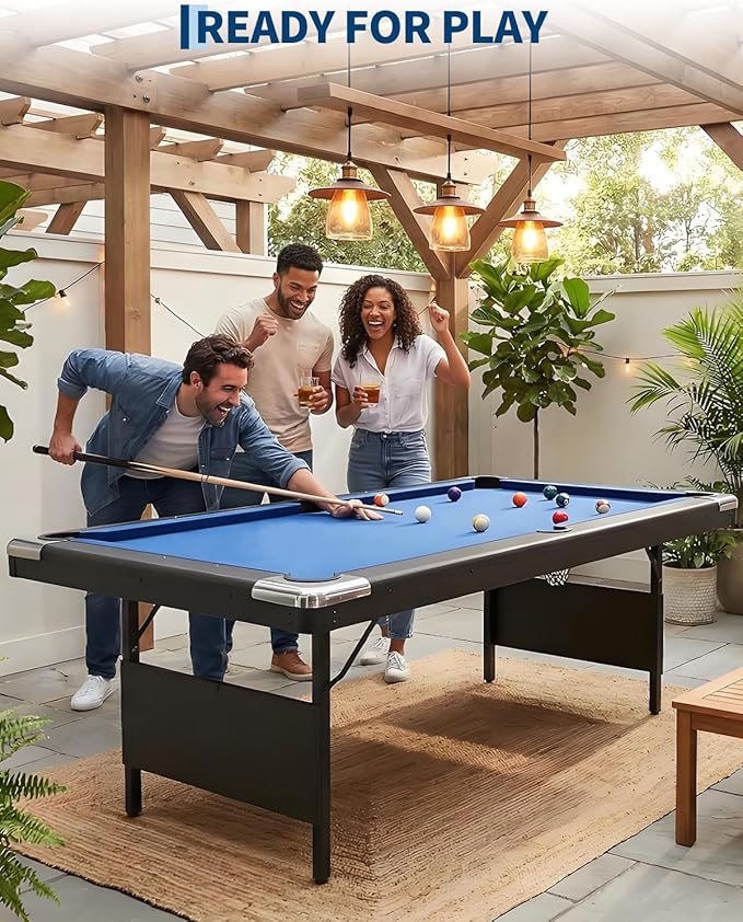 7 Foot Pool Table for Family, Foldable No Assembly Pool Table with Balls, Cues, Chalk, Rack & Brush, Portable Billiards Game Table for Apartment, Basement, Office & Game Room