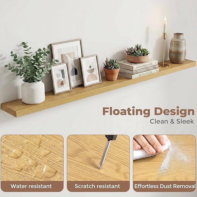 Venusmiles Floating Shelves for Wall, 72 Inch Floating Shelves Set of 1, 6.5" D Wooden Wall Mounted Display Shelves with Invisible Brackets for Living Room, Bedroom, Bathroom, Kitchen Decor, Oak