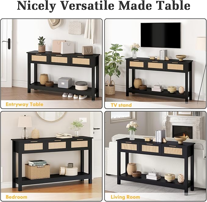 Luoxiao Entryway Table, 47" Rattan Console Tables with 3 Drawers, Narrow Hallway Table for Entryway with Storage Shelf, Slim Sofa Table Behind Couch, Modern Black Foyer Entry Way Table, Easy Assembly