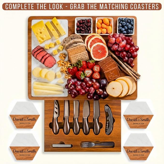 Personalized Charcuterie Board Set with Stainless Steel Knives – Custom Wedding, Bridal Shower, Anniversary, Engagement, Birthday Gift for Her, Women, Mom, Housewarming, Couples, Mother’s Day Gifts
