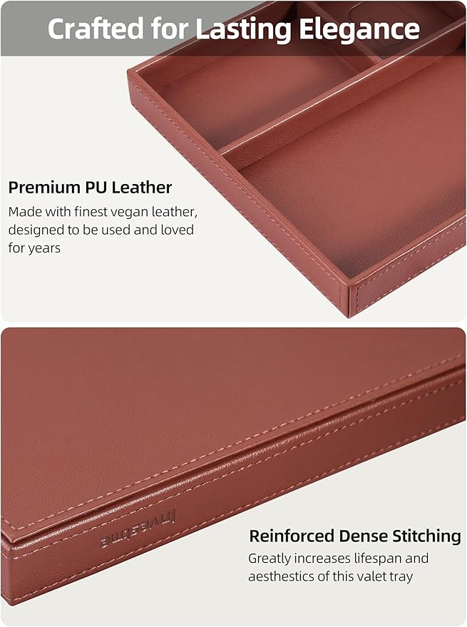 Valet Tray, Built in Wireless Charger, Nightstand Organizer, Mens Jewelry Box, Dresser Organizer, Valet Charging Station, Faux Leather Valet Tray for Men and Women, Brown