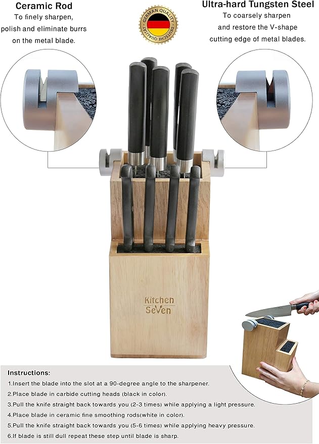 Bamboo Universal Knife Block - Knife Holder with 2 Built-In Knife Sharpeners - 2-Tiered Modern Knife Storage Up to 16 Large and Small Knives Easy Clean Wooden Knife Organizer by Kitchen Seven