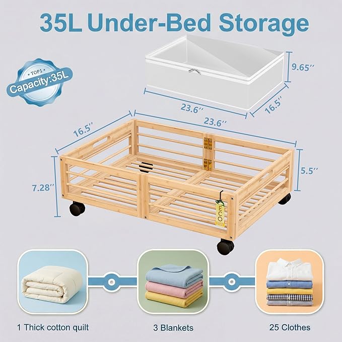 Bamboo Underbed Storage Containers with Wheels & Bag, Large Under Bed Rolling Storage Bins Wood Under Bed Clothes Storage Stackable Drawers for Bedroom Closet Under Crib Toy(Natural)
