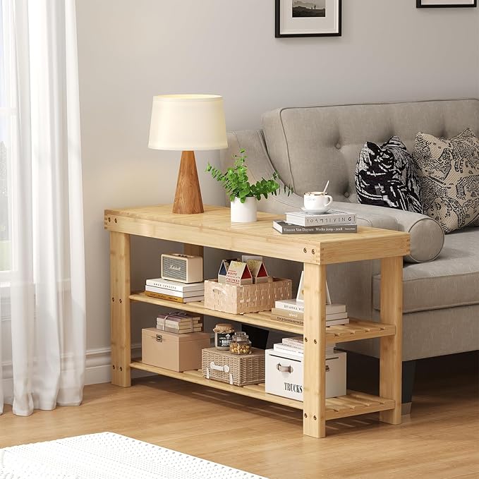 NEWBULIG Shoe Rack Bench, 3-Tier Bamboo Shoe Organizer, Wooden Entryway Storage Bench, 286 lb Load Capacity, 11.2x35.5x17.9 Inches, for Entryway Bathroom Bedroom Balcony, Wood