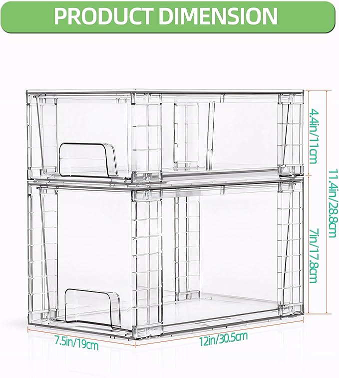 Clear Stackable Acrylic Storage Drawers(2 Pack), Plastic Organizer Bins with Handles, Easy Assembly for Bathroom Kitchen Pantry Cabinet Under Sink Snack Home Storage Solutions