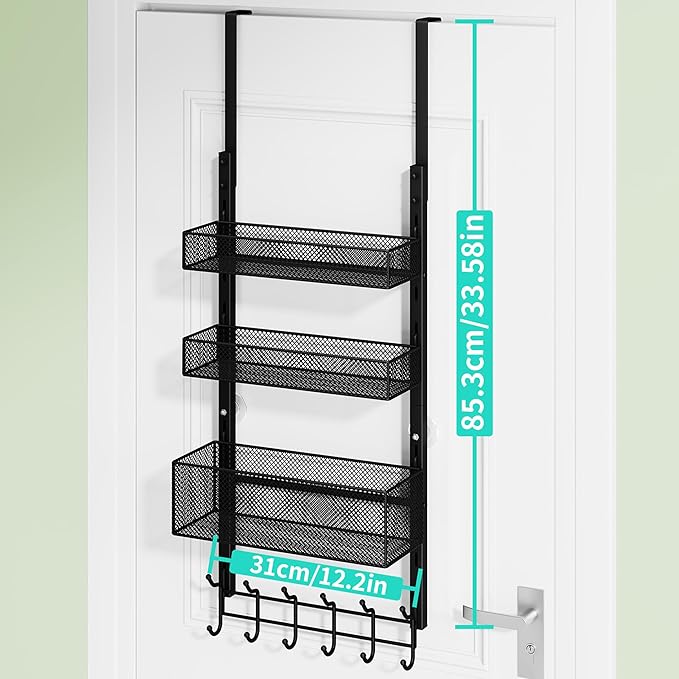 HapiRm Over The Door Hanger with Coat Hooks and 3 Baskets, Rustproof Over The Door Hooks, Storage Organizer for Hats, Towels - Black