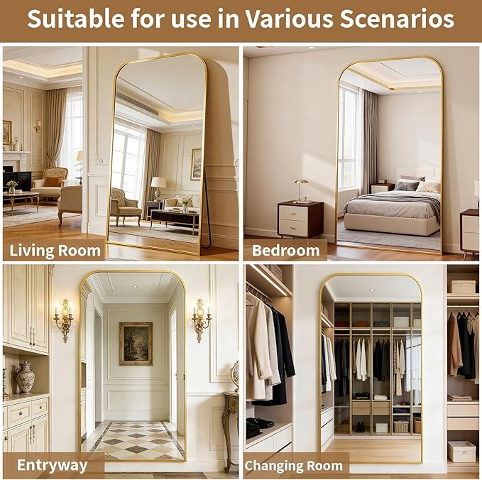 Full Length Mirror 76"x34" Arched Floor Standing Large Mirrors Full Body Mirror with Stand - with Aluminum Frame for Bedroom Living Room, Gold