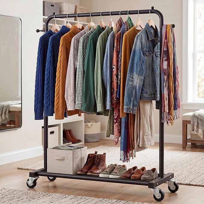 Sywhitta Clothing Rack on Wheels with Storage Shelf & Sturdy Metal Frame, Retail Clothing Rack for Hanging Clothes, Coats, Skirts,Space-Saving Mobile Organizer for Closet, Bedroom, Laundry Room, Black