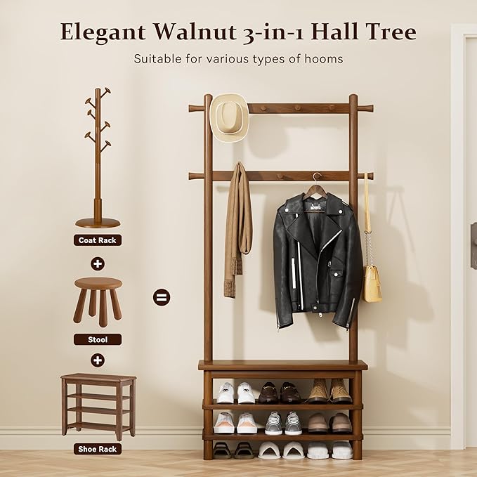 Hall Tree, 3-in-1 Entryway Bench with Coat Rack, 11 Hooks and 2-Tier Hall Tree with Shoe Storage Bench, Solid Wood Coat Rack Freestanding, 27.2" Long