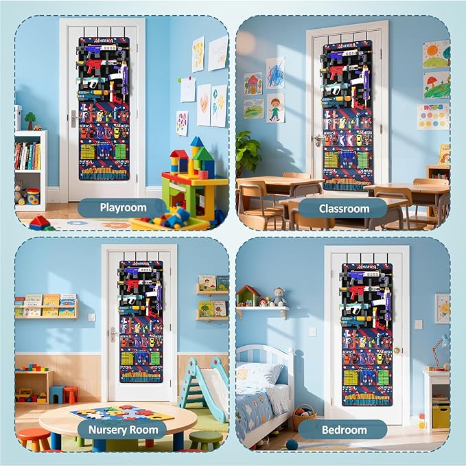 Over Door Toy Gun Storage, Hanging Organizer for Toy Guns, Toys Organizer with Pockets, Hook&Loop Straps for Foam Blasters, Darts, Goggle, Toys Storage Door Hanger for Kidroom, Gameroom