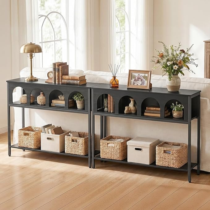 HOOBRO Modern Console Table, Entryway Table with 3-Tier Storage, Narrow Sofa Table Behind Couch with Arched Design for Living Room, Entrance, Hallway, Black BB106XG01