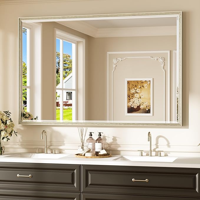 Keonjinn 55" x 36" Brushed Nickel Bathroom Vanity Mirror, Safe Tempered Glass with Beveled Edge, Aluminum Alloy Frame Square Corner, Anti-Rust, Large Rectangular Silver Bathroom Mirrors for Over Sink