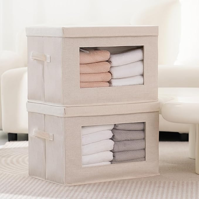 3 Pack Storage Bins with Lids, Fabric Foldable Storage Bins with Soft Cord Handles, Canvas Storage Bin with Lid for Organizing Clothes, Blankets and Books, Beige