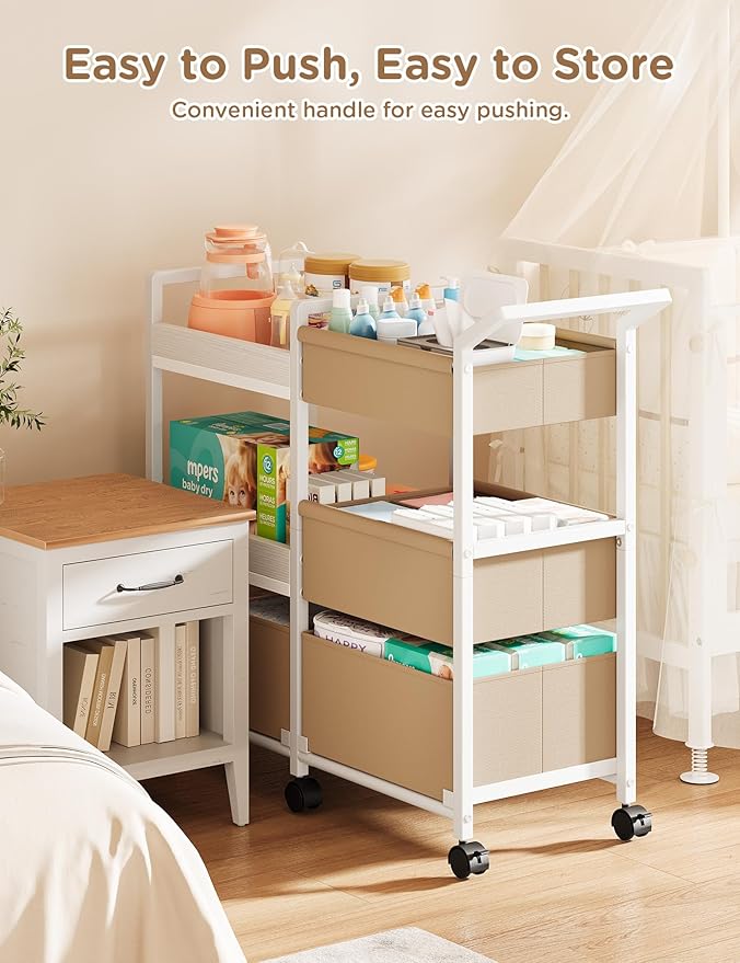 Twinkoo 2-in-1 Baby Diaper Caddy Organizer, 3 Tier Rolling Storage Cart with Dividers and Drawers, Baby Essentials for Nursery Storage, Mobile Utility Cart with Wheels Large Capacity Easy to Assemble