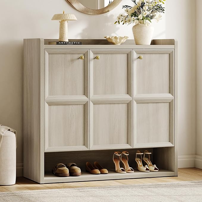 SICOTAS Shoe Storage Cabinet for Entryway, 47.6" Wide 6-Tier Extra Large with 3 Doors, Holds up to 30 Pairs, Adjustable Shelves Shoes Rack Organizer for Hallway, Grey White Oak