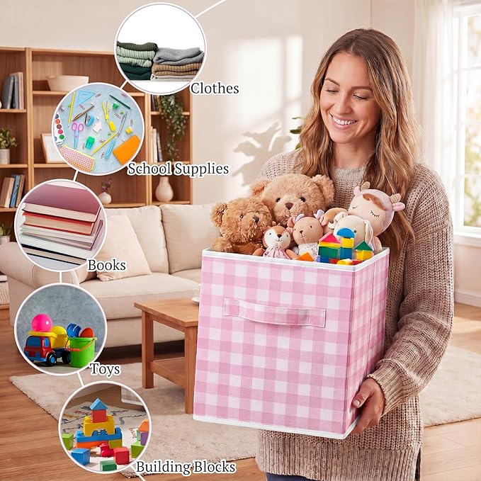 Yalikop 6 Pcs Pink Checkered Cube Storage Bins, 11 Inch Fabric Gingham Classroom Storage Bins Organizer with Handle Preppy Collapsible Cubby Basket for Classroom Home Nursery Playroom Bedroom