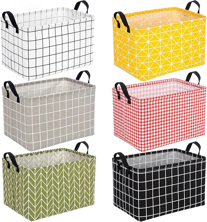 CHENGU 6 Pack Storage Basket with Handle Collapsible Canvas Bin for Gifts Plaid & Geometric Pattern Clothing Storage Bin Large Foldable Basket for Shelves, Closet, Nursery, Home Organization, 6 Colors