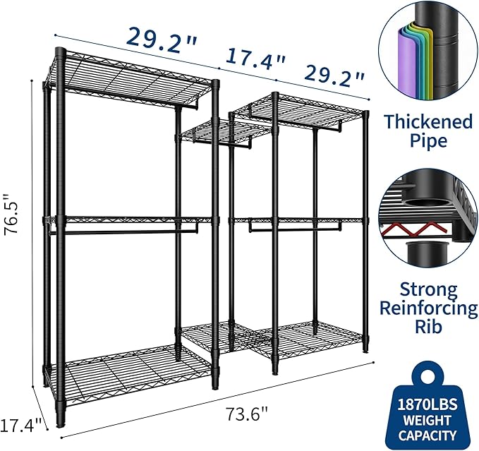 Freestanding Heavy Duty Garment Rack with Adjustable Shelves and Hanging Rods, Large 1870 Lbs Capacity Portable Closet Organizer for Bedroom or Cloakroom Storage, Black