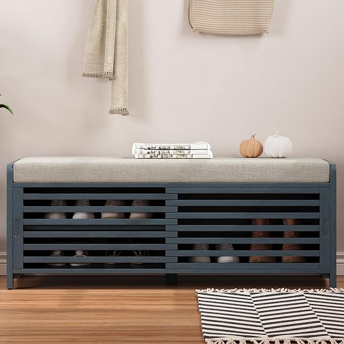 LUMISOL Shoe Bench with Storage and Cushion, Farmhouse Distressed Shutter Storage Bench with Retro Charm for Living Room, Entryway, Navy