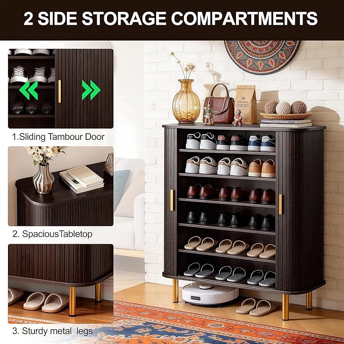 DHH Shoe Storage Cabinet with Sliding Door, 6-Tier Shoe Cabinet with Adjustable Shelves, Modern Freestanding Shoe Storage Organizer for Entryway, Hallway, Living Room (Dark Walnut, 31.5 ")