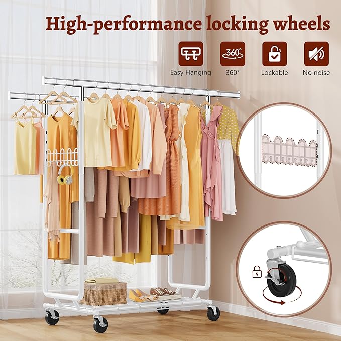 FAVOOSTY Heavy Duty Clothes Rack for Hanging Clothes with Double Rods, Rolling & Extending Clothing Rack with Wheels, Garment Coat Rack Freestanding, Portable, White