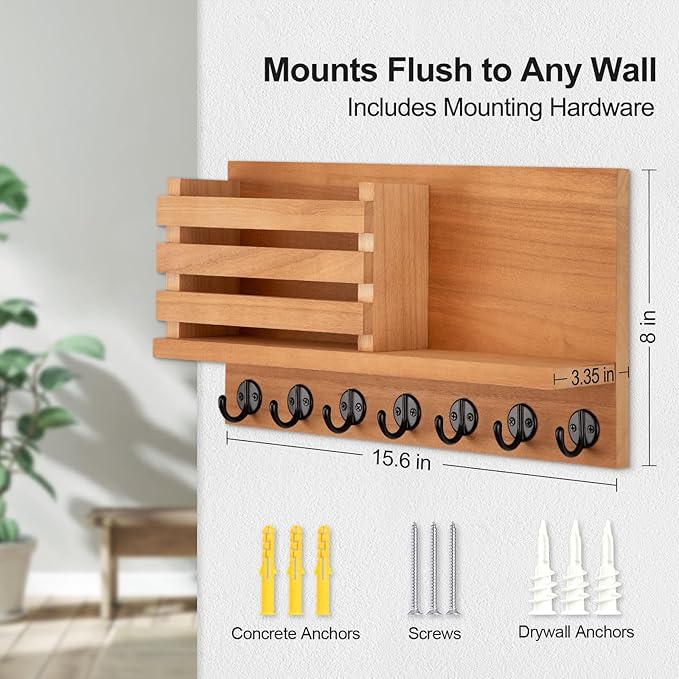 Lwenki Key Holder for Wall – Decorative Wooden Mail Holder and Key Shelf with Mounting Hardware, Installation Guide – Paulownia Wood with Metal Key Hooks (Light Brown, Extra Large - 15.6inch)