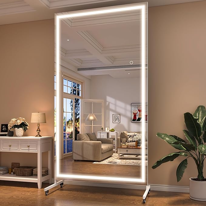 Hasipu 79" x 40" Full Length Mirror on Wheels with LED Light — Dimmable Warm/Natural/Cool, Shatterproof Tempered Glass, Wall Mountable, Rolling Dressing Mirror for Home Gym, Makeup, Yoga, Studio